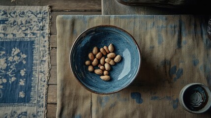 Poster - Ceramic bowl filled with peanuts in shells rustic setting viewed from above on textured fabric surface