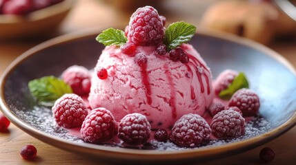 Poster - Delicious raspberry frozen dessert served in a bowl garnished with fresh raspberries and mint leaves on a wooden table