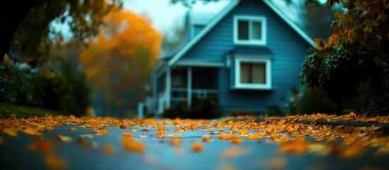 Poster - Vibrant autumn scene in a park showcasing colorful maple leaves scattered on a path beside a cozy house in the fall season.