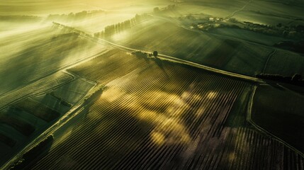 Poster - Aerial View of Vast Agricultural Fields at Dawn with Soft Light and Mist