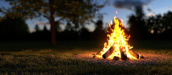 Poster - Warm twilight campfire surrounded by grass and trees creating a cozy outdoor ambiance perfect for gatherings and storytelling at dusk.