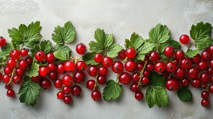 Poster - Red currant berries with green leaves arranged artistically on a light background vibrant summer harvest concept