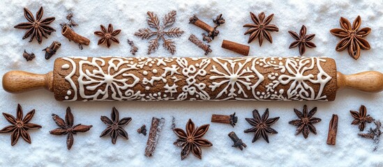 Aufkleber - Baking traditional gingerbread cookies with patterned rolling pin and spices in winter setting beautifully arranged for festive presentation