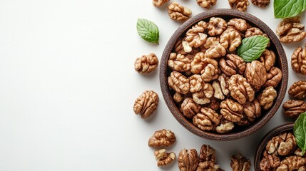Aufkleber - Roasted walnuts in wooden bowls surrounded by fresh mint leaves on a neutral background ready for healthy snack presentation