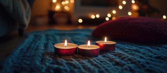 Poster - Cozy winter setting with lit candles on a knitted blanket creating a warm atmosphere for holidays and sustainable decor mockup ideas