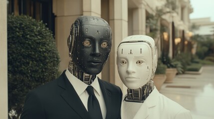 Poster - Young professional collaborating with advanced humanoid robots in a modern urban environment showcasing innovative robotic technology advancements