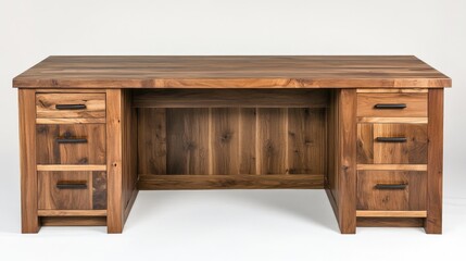 Poster - Elegant wooden desk with natural finish and storage drawers on a minimalist white background for stylish office decor.