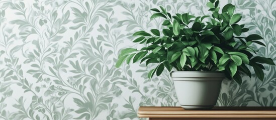 Poster - Indoor plant displayed in a wooden frame on a table with decorative wallpaper background in a cozy living space