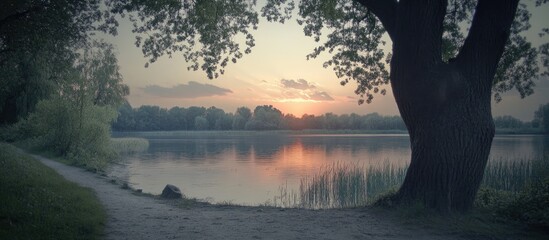 Poster - tranquil lakeside sunset with selective focus on trees reflecting serene evening hues on calm water