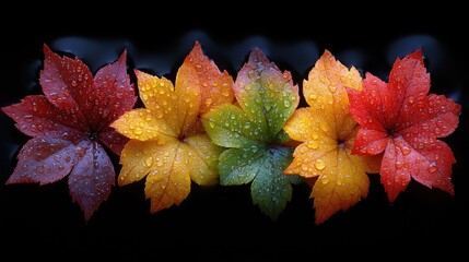 Poster - Autumn Maple Leaves in Vibrant Colors with Raindrops on Black Background for Seasonal Design Projects