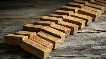Poster - Wooden blocks aligned in a row representing risk management and business performance in financial growth and loss on a rustic surface