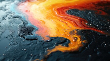 Poster - Contaminated water with vibrant oil stains creating abstract colorful patterns on a dark surface