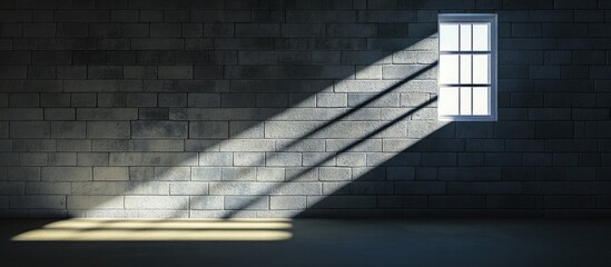 Poster - Illuminated Window Casting Shadows in Dark Room with Textured Brick Wall
