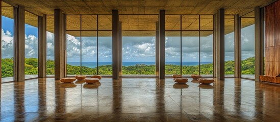 Poster - Modern architectural interior with panoramic windows showcasing a stunning coastal view and serene natural surroundings.