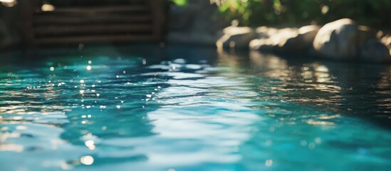Poster - serene water surface texture of a tranquil pool reflecting sunlight and nature in a peaceful environ