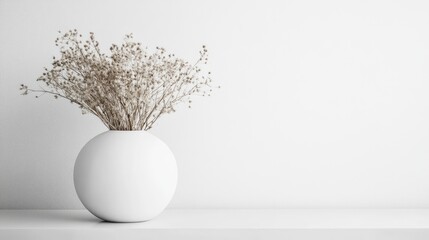 Poster - Minimalistic white vase with dried flowers on a light table in a contemporary summer still life setting with ample copy space.