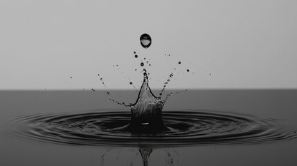 Poster - Black and white water drop splash creating ripples on a still surface showcasing nature's dynamic beauty and fluid motion