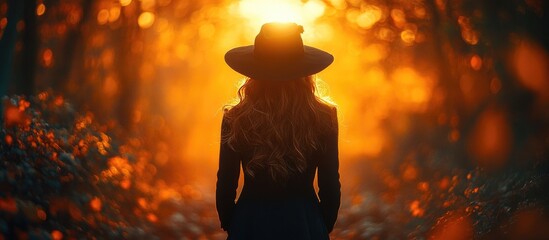 Poster - Enchanting witch in silhouette amid a mystical twilight forest with vibrant autumn colors and glowing sunlight filtering through trees