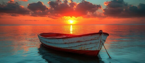 Poster - tranquil sunset reflecting on calm sea waters with a solitary boat anchored in serene ambiance.