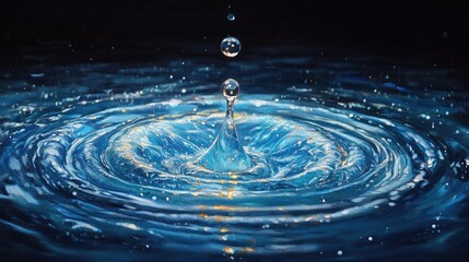 Poster - High-resolution image of a water drop splashing into a calm blue water surface, creating ripples and reflecting light, nature, liquid, macro photography, abstract.