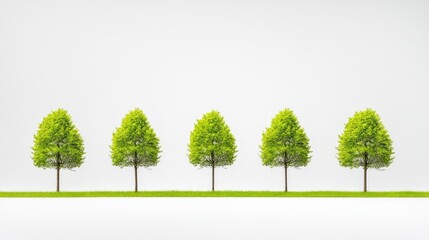Poster - Isolated green trees arranged in a row on a white background representing nature minimalism and tranquility in a clean aesthetic setting