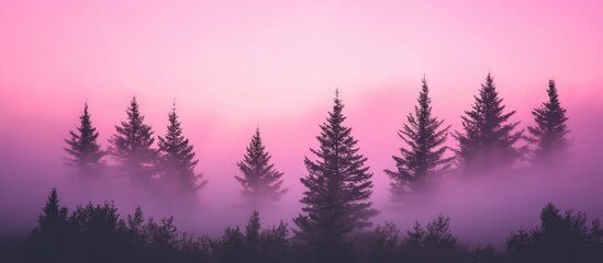Poster - Misty sunset in soft pink tones illuminating fir trees in a serene landscape with gentle fog creating a tranquil atmosphere