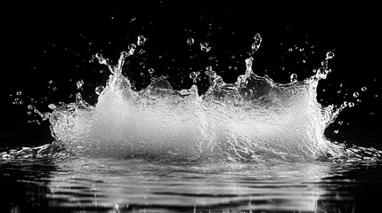 Poster - High-speed capture of water splash against a black background, highlighting intricate droplets and texture, versatile for creative and commercial use, water, splash, dynamic motion.