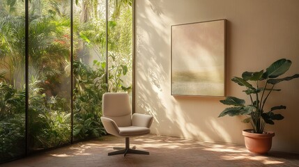Poster - Modern living room corner with large windows showcasing greenery and modern decor in a serene, sunny environment