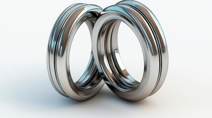 Poster - Polished stainless steel ball bearings interlocked on a clean white background showcasing precision engineering and metallic shine.