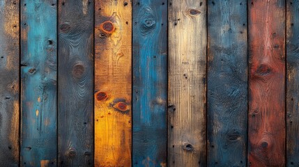 Poster - Colorful rustic wooden plank texture with various shades and patterns ideal for backgrounds and designs in photography and graphic projects.