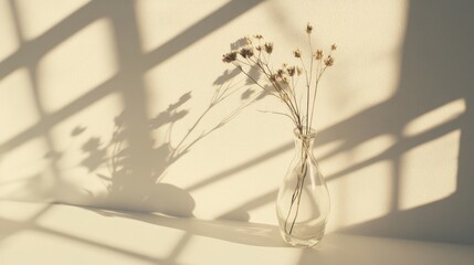 Poster - Minimalistic Scandinavian interior featuring dried flowers in a clear vase casting delicate shadows on a white table surface.