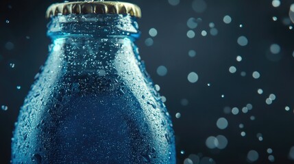 Poster - Close-up of a dewy water bottle with droplets on the surface, set against a dark background with soft bokeh effect, beverage, refreshment, condensation, clear glass.