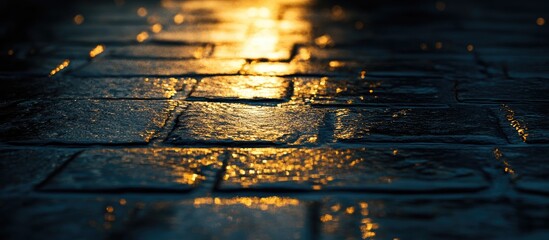 Poster - Wet stone pavement illuminated by golden light at dusk creating a serene and reflective urban atmosphere.