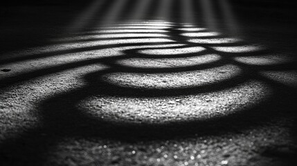 Poster - Steel spring coils cast intricate shadows on a textured surface illuminated by sunlight creating a captivating monochrome pattern.