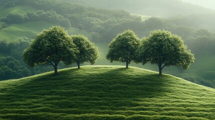 Poster - Lush green hill featuring a cluster of wide trees, surrounded by rolling landscape under soft, diffused sunlight, tranquility, nature, outdoor scenery, vibrant foliage.