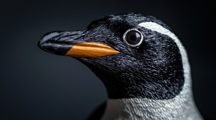 A penguin with a black and white head and orange beak