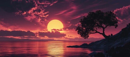 Poster - majestic sunset over tranquil waters with vibrant colors and silhouette of a tree against a serene s