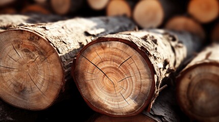 Poster - Stack of polished tree trunks showcasing growth rings and textured bark in natural woodpile setting