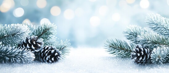 Poster - Frozen winter wonderland scene with pine branches and cones covered in snow against a blurred festive background for seasonal design.