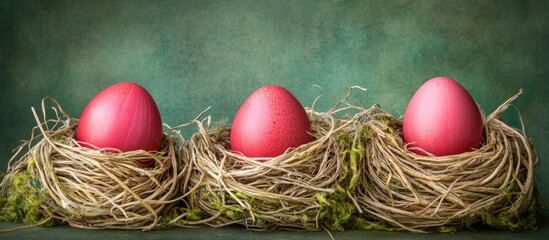 Wall Mural - Three vibrant red Easter eggs nestled in natural straw on a green background celebrating the joy of the Easter holiday season