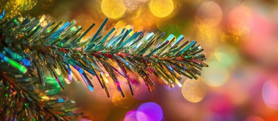 Poster - Colorful tinsel tree branch with shimmering lights and bokeh effect creating a festive holiday atmosphere