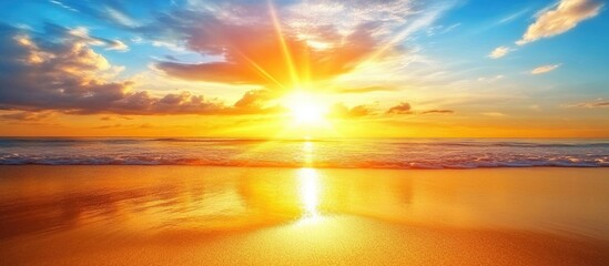 Poster - sunset over ocean waves with vibrant sky reflecting golden light on tranquil sea water creating a se