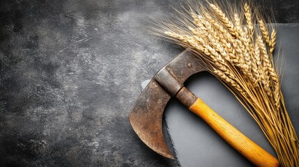 Poster - Vintage sickle with ears of wheat placed on a textured gray surface symbolizing traditional harvesting and agricultural practices