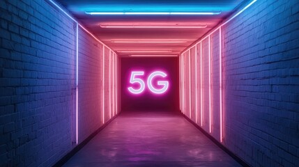 Poster - Illuminated corridor featuring vibrant neon 5G sign with colorful lighting and dramatic shadows creating a futuristic atmosphere
