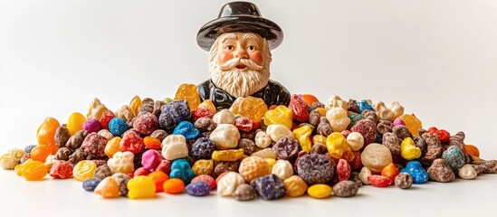 Aufkleber - Sinterklaas candy assortment featuring colorful sweets and traditional chocolate treats with a festive figure in the background