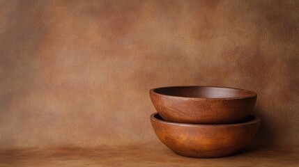 Poster - Rustic wooden bowls displayed on a textured brown background highlighting craftsmanship and natural materials for culinary or decor purposes