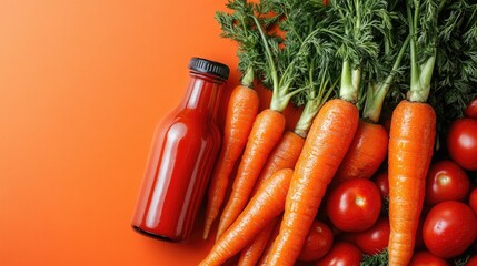 Poster - Fresh vibrant carrots and cherry tomatoes alongside a bottle on a bright orange background showcasing healthy food and natural colors.