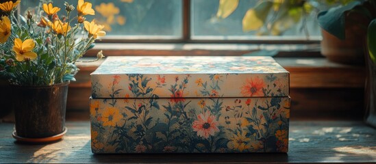 Aufkleber - Vintage floral photo storage box with a charming design placed on a wooden table near a sunny window and vibrant flowers.