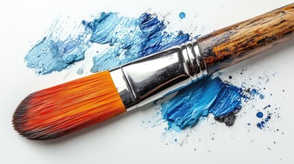 Fototapete - Colorful paint brush resting on vibrant blue paint textures on a bright white background showcasing creativity and artistic expression.