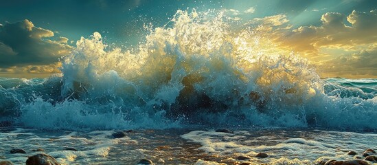 Poster - Dynamic ocean waves crashing onto rocky shoreline during sunrise with vibrant clouds and warm light reflecting on the water surface